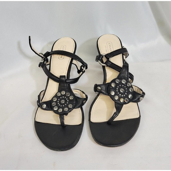 COACH Harper Black Leather Silver Stud Slingback Wedge Sandals Size 8.5 - Picture 2 of 10
